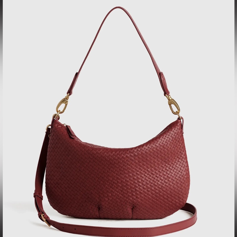 Quince Italian Leather Convertible Crescent Handwoven Shoulder Bag in Merlot